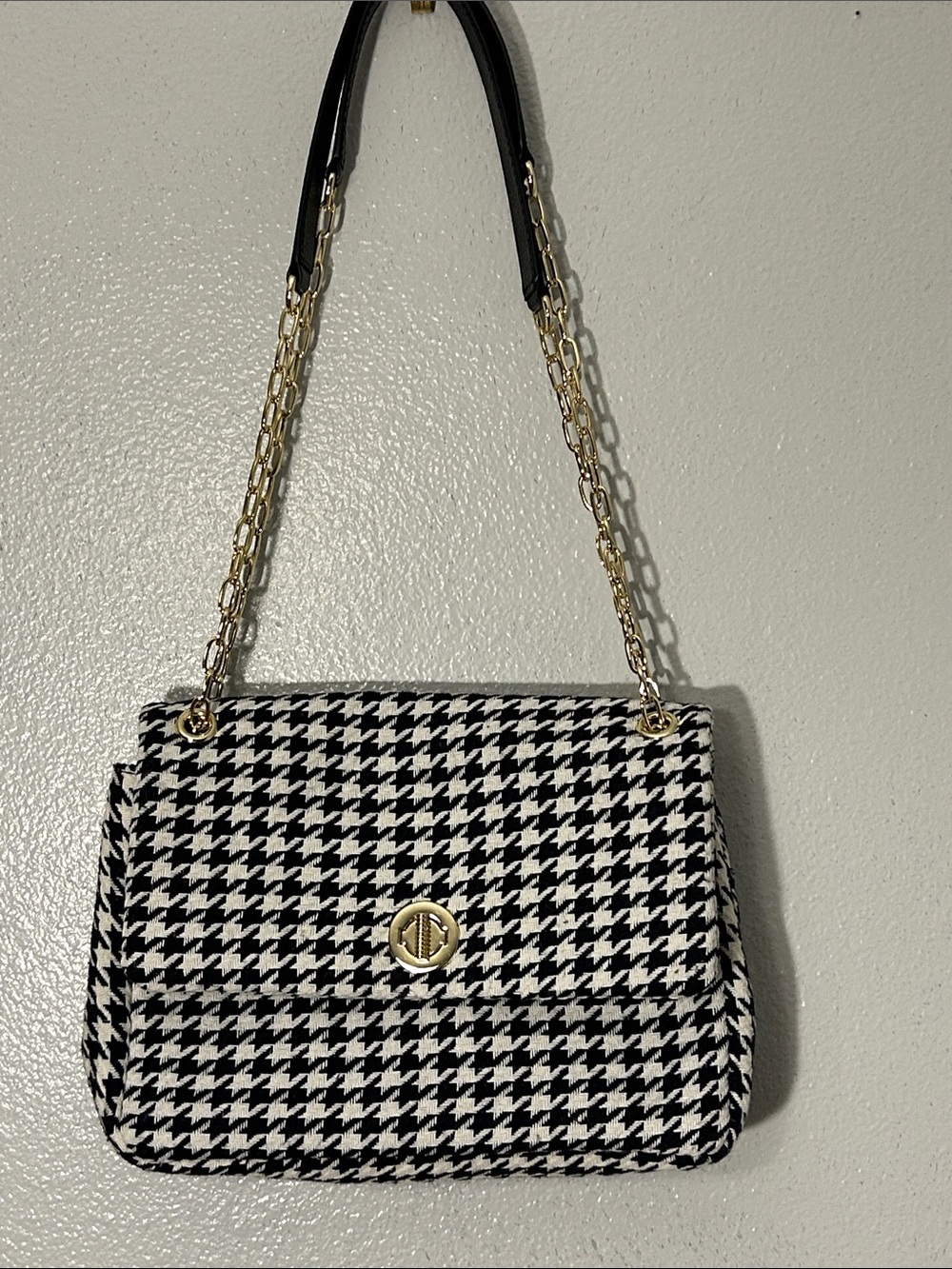 Talbots Houndstooth Shoulder Bag Gold Chain Black Ivory NWOT